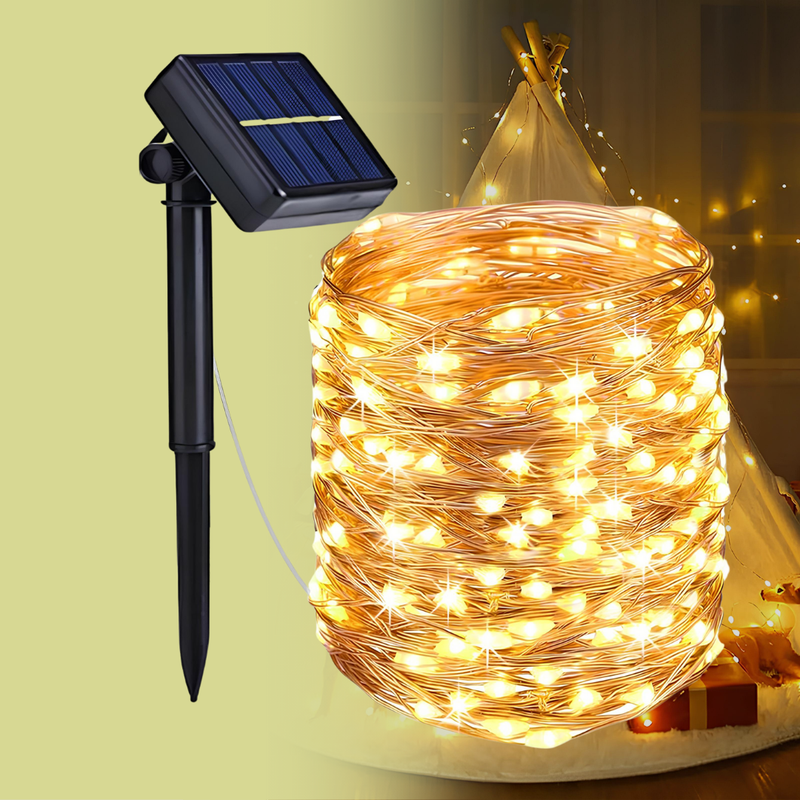 Fios de Luzes LED Solares 22m com 200 Lâmpadas – Decoração Elegante e Resistente para Natal e Festas ao Ar Livre